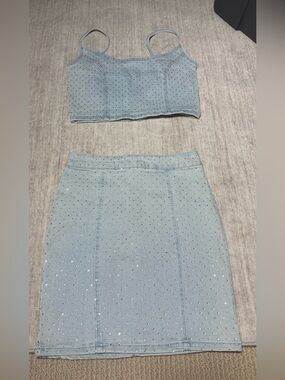 Light Blue Embellished Pencil Skirt - Women's